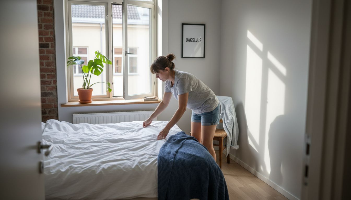 Någon bäddar sängen i ett soligt sovrum