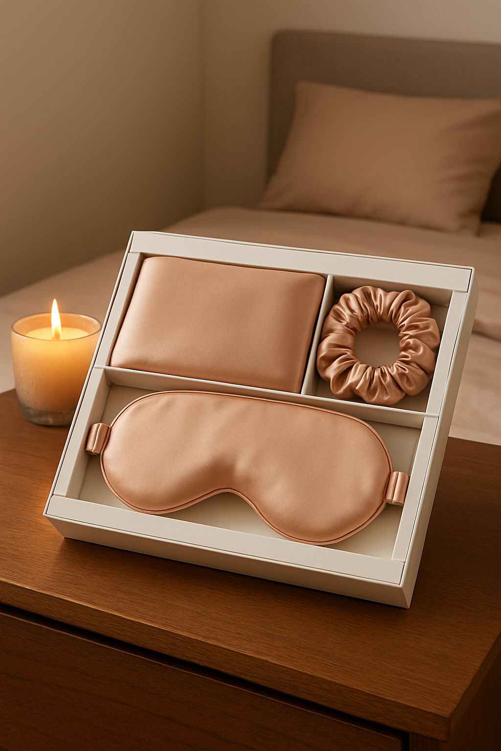 Treset – Silkesörngott, Ögonmask & Scrunchie